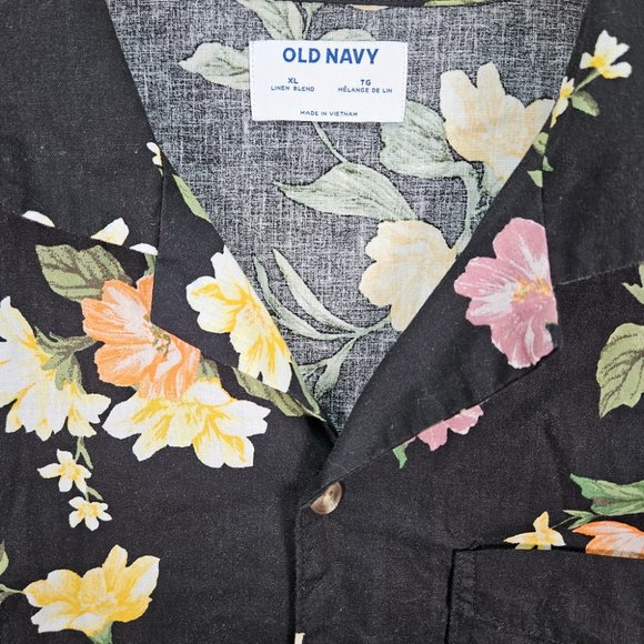 Old Navy Floral Linen Blend Camp Shirt Button-Down Mens Sz XL Short Sleeve Black - Picture 5 of 10